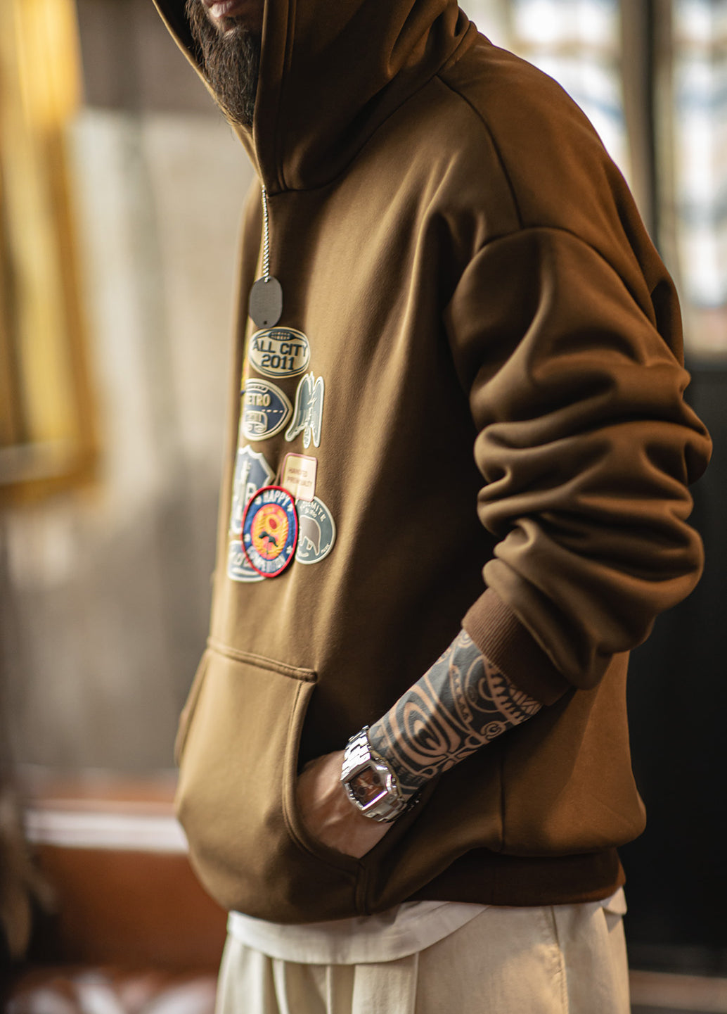 American Badge With Fleece Lining Micro-Elasticity Loose-Fitting Men's Sweater - Harmony Gallery