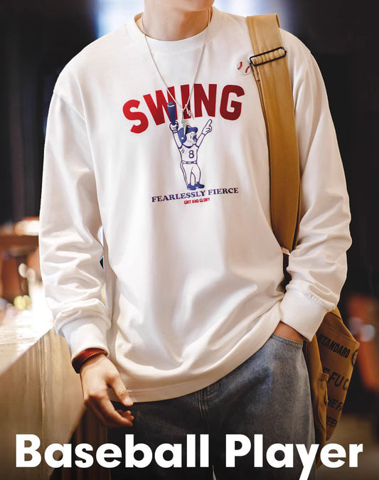 American Retro Letter Baseball Print Pure Cotton Men's Sweater - Harmony Gallery