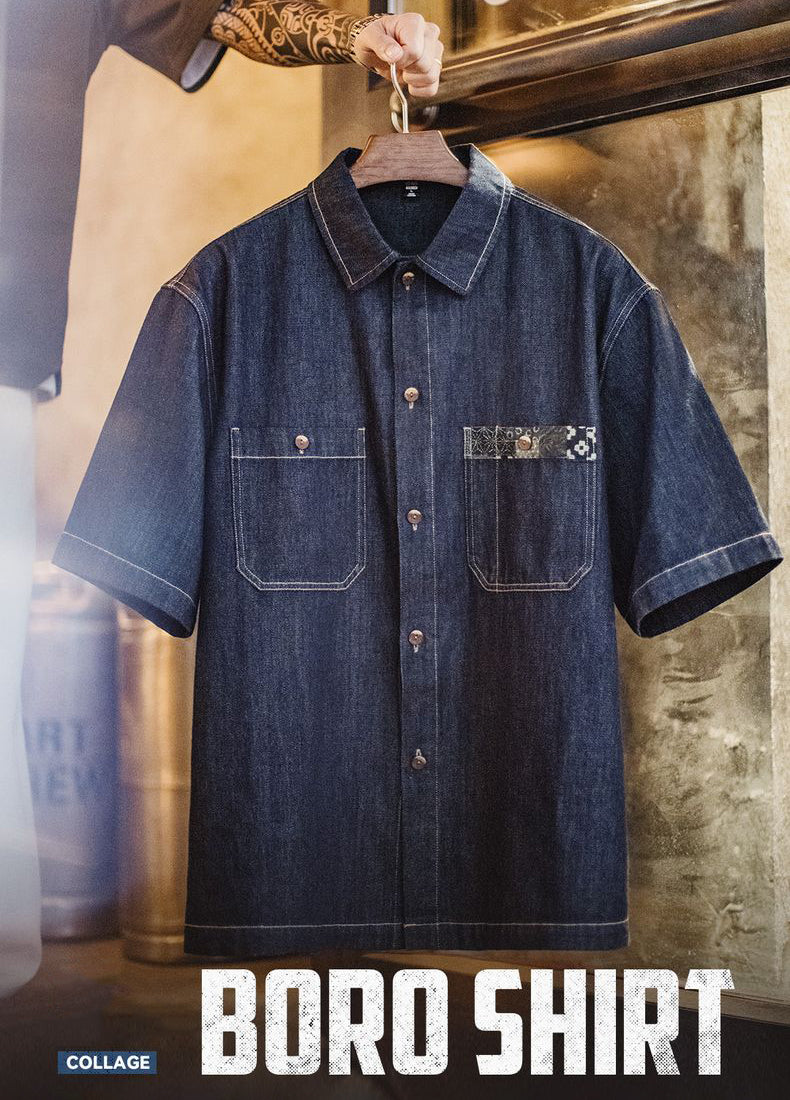 American Retro Boro Denim Resurgence Blue Dye Lapel Men's Shirt - Harmony Gallery