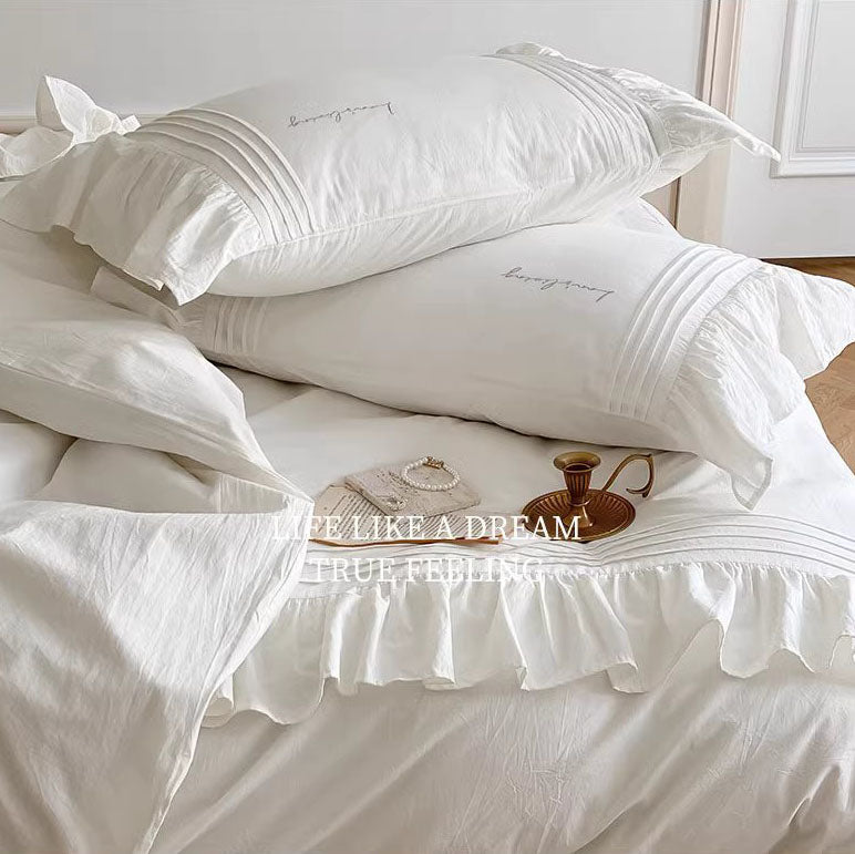 Princess Lotus Leaf Lace Washed Pure Cotton Four-Piece Bed Set - Harmony Gallery