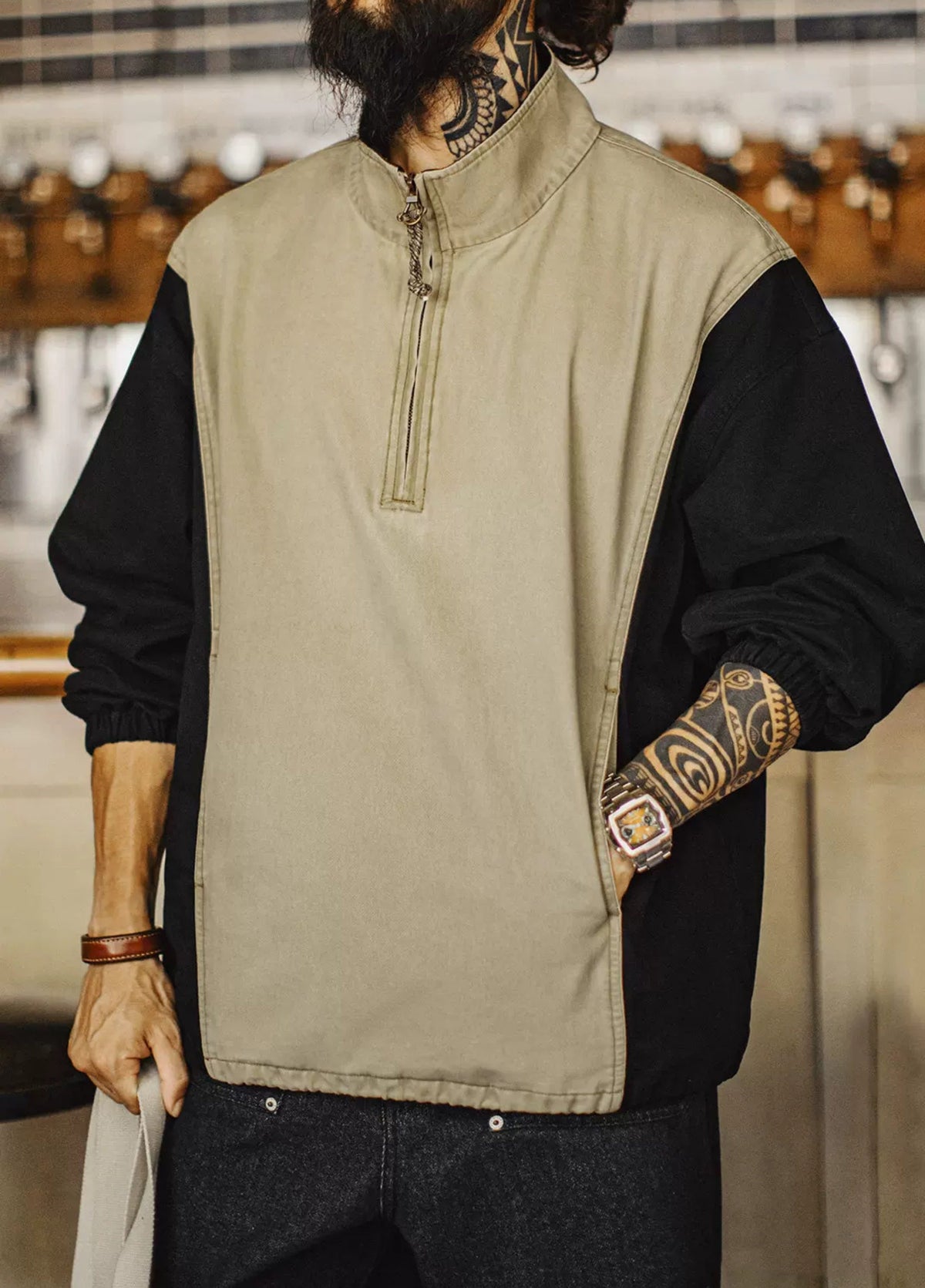 American Color-Block Half Zipper Semi-Open Patchwork Men's Sweater - Harmony Gallery