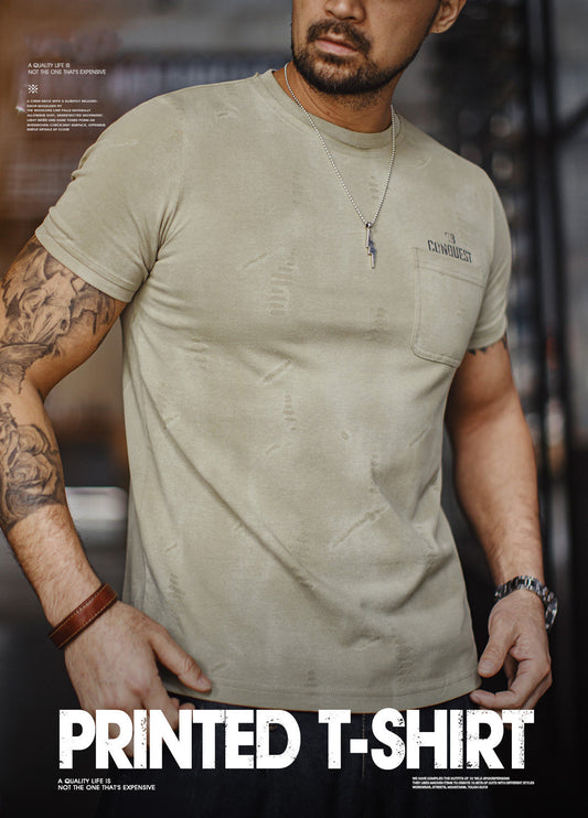 American Retro Distressed Printed Knitted Shoulders Thin Men's T-Shirt