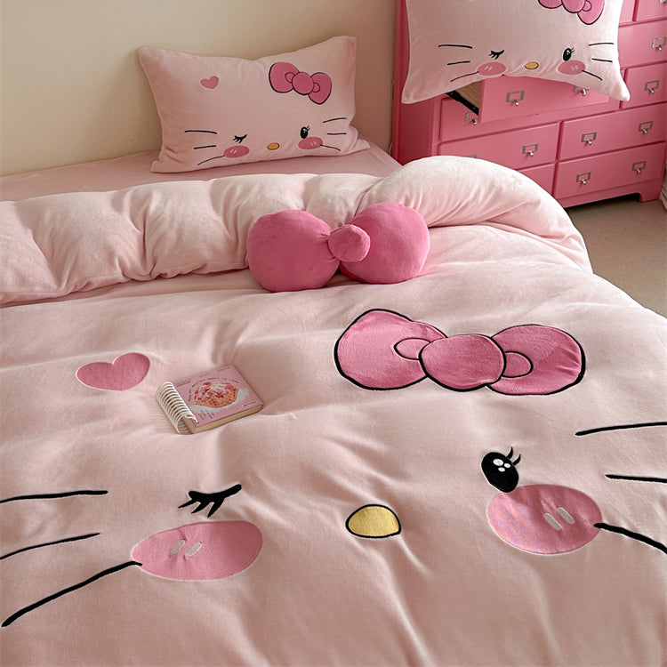 Children's Hello Kitty Little Milk Fleece Cartoon Winter Four-Piece Bed Set - Harmony Gallery