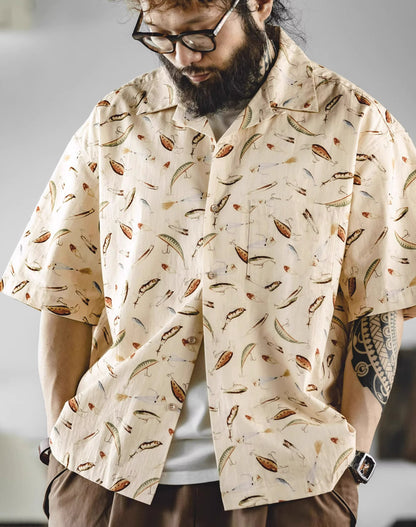 Retro Fishing Bait Painted Cotton Hawaiian Half-Sleeved Men's Shirt - Harmony Gallery