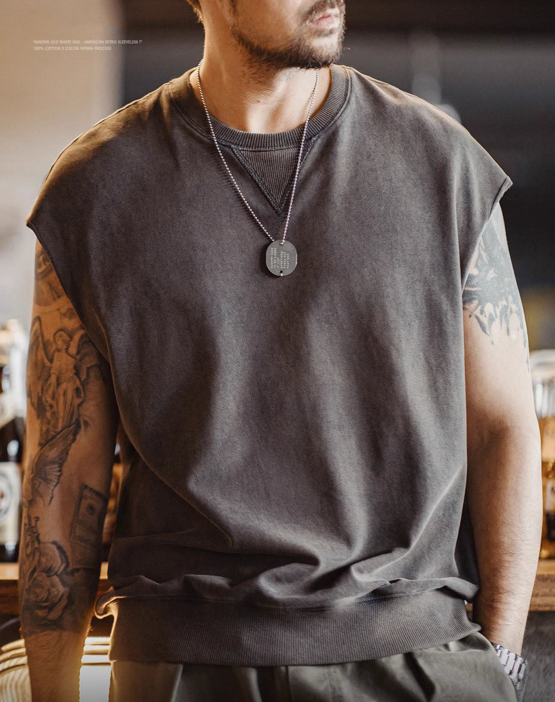 American Wasteland Style Old Wide Shoulder Vest Ribbed Men's T-Shirt - Harmony Gallery