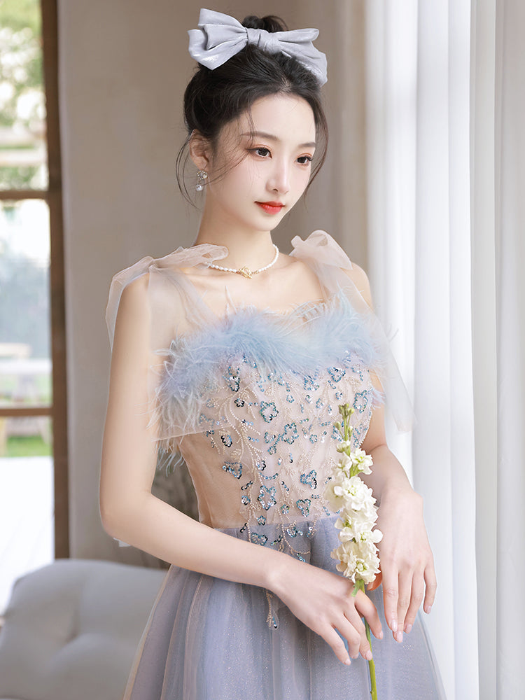 Enchanting Blue and Beige Floral Embroidered Tulle Ball Gown with Feather Trim - Harmony Gallery