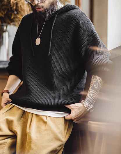 American Casual Henry Collar Knitted Hooded Lazy Pullover Men's Sweater - Harmony Gallery