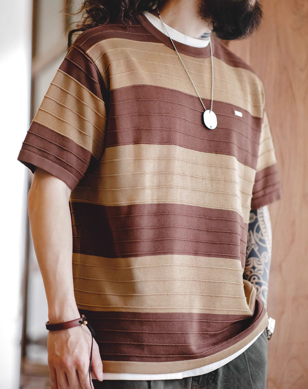 American Retro Contrast Color Striped Knitted Draped Men's T-Shirt - Harmony Gallery
