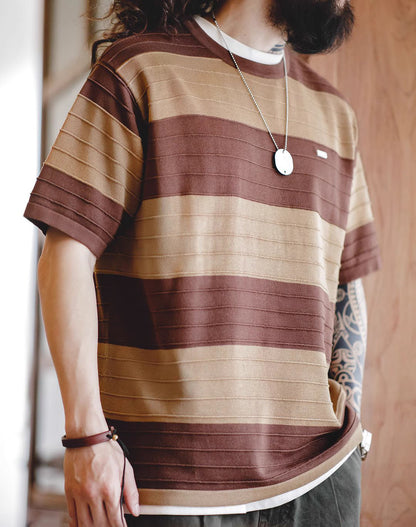 American Retro Contrast Color Striped Knitted Draped Men's T-Shirt - Harmony Gallery
