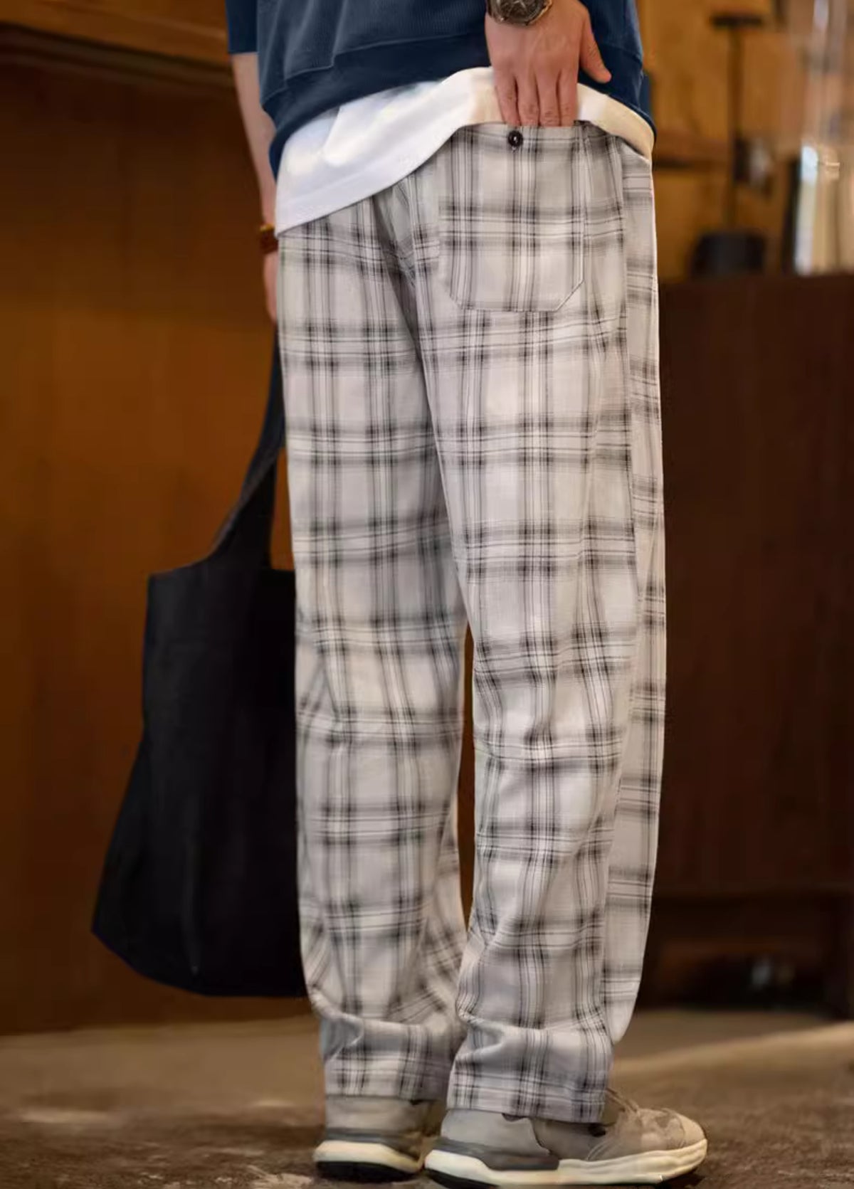 American Retro Wide-Leg Plaid Thin Drawstring Straight Men's Trousers - Harmony Gallery