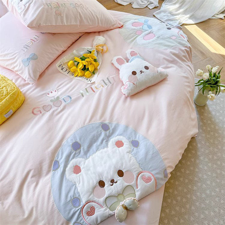 Cute Girly Bear Cub Washed Four-Piece Pure Cotton Bed Set - Harmony Gallery