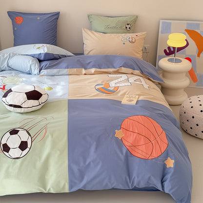 Children's Cartoon Football Boy Pure Cotton Washed Four-Piece Bed Set - Harmony Gallery