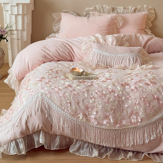 French Romantic Heavy-Duty Four-Piece Warm Double-Sided Coral Fleece Bed Set - Harmony Gallery