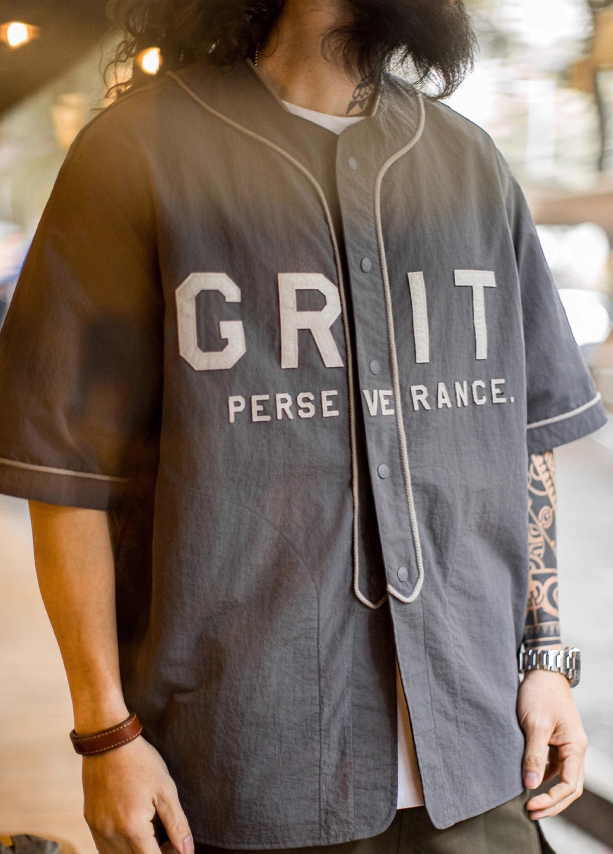 American Casual GRIT Baseball Uniform Patch Embroidered Gray Thin Men's Shirt - Harmony Gallery