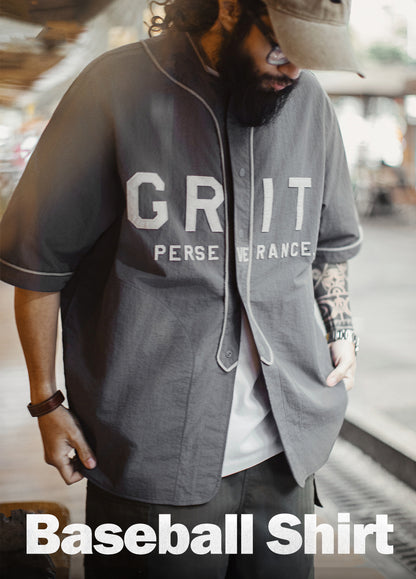 American Casual GRIT Baseball Uniform Patch Embroidered Gray Thin Men's Shirt - Harmony Gallery