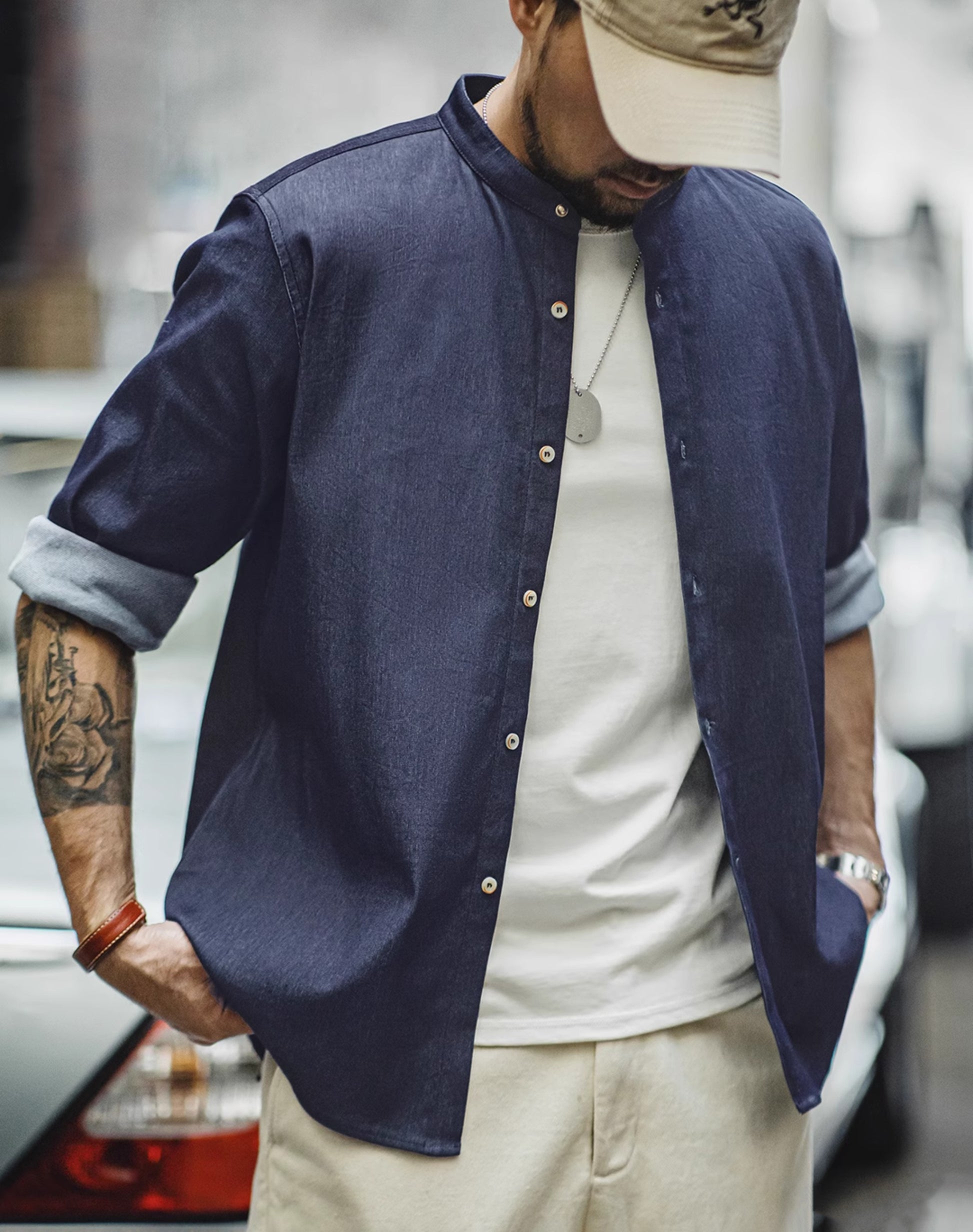 American Workwear Retro Cool Ice Silk Denim Washed Men's Shirt - Harmony Gallery