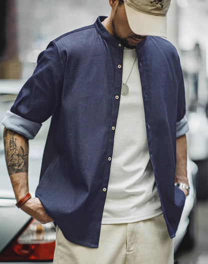 American Workwear Retro Cool Ice Silk Denim Washed Men's Shirt - Harmony Gallery