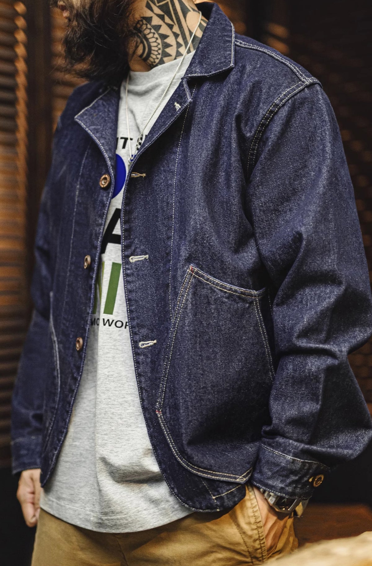 French Workwear Retro Washed Denim Blue Cuban Men's Jacket - Harmony Gallery