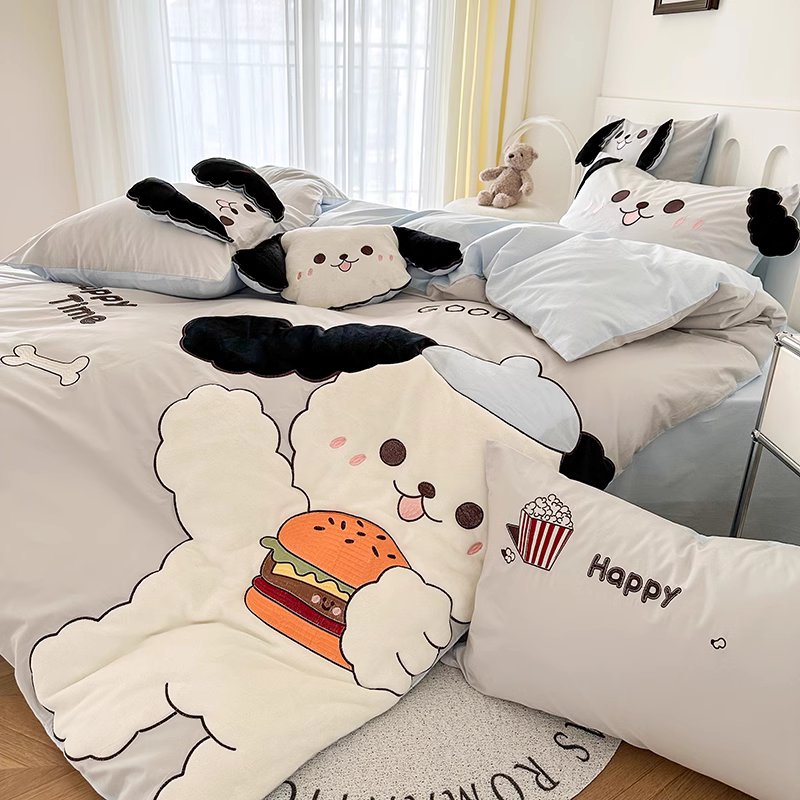 Cartoon Foodie Dog With Long Ears Washed Cotton Four-Piece Bed Set - Harmony Gallery