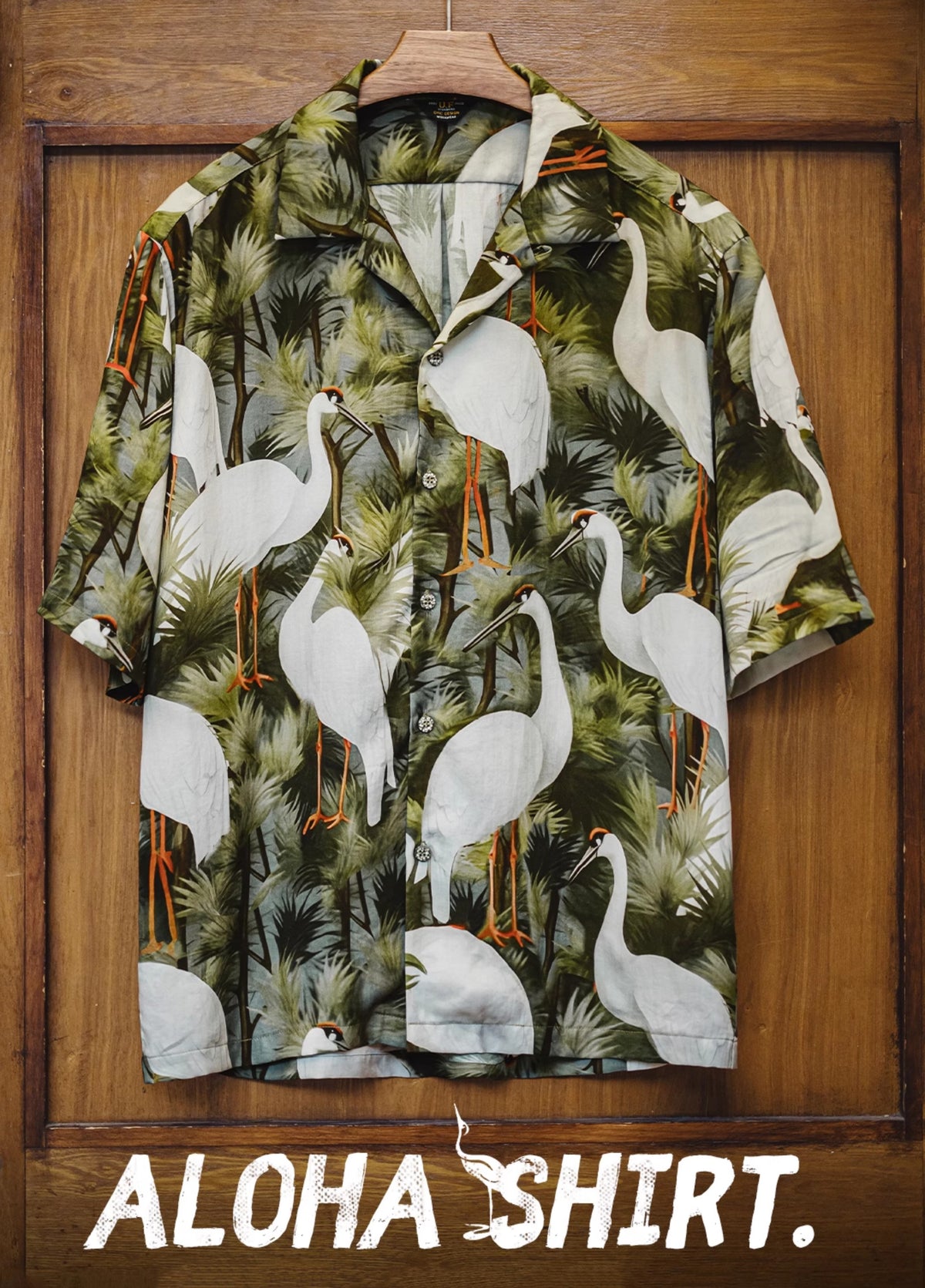 American Retro Crane Flower Pine Crane Green Tencel Hawaiian Men's Shirt - Harmony Gallery
