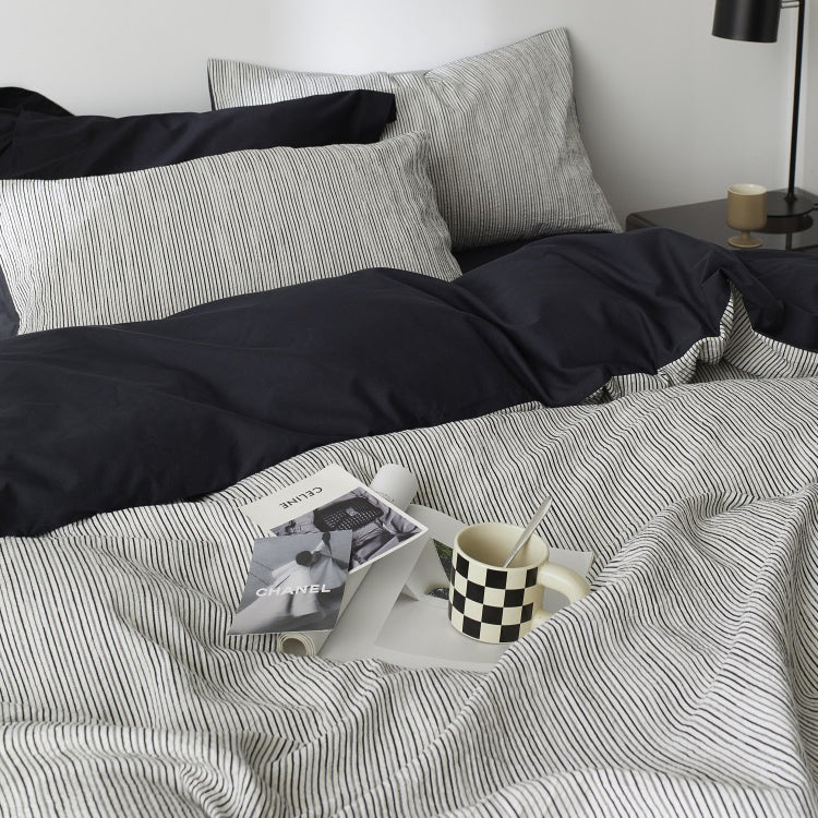 Premium Black and White Striped Textured Bedding Pure Cotton Four-Piece Bed Set - Harmony Gallery
