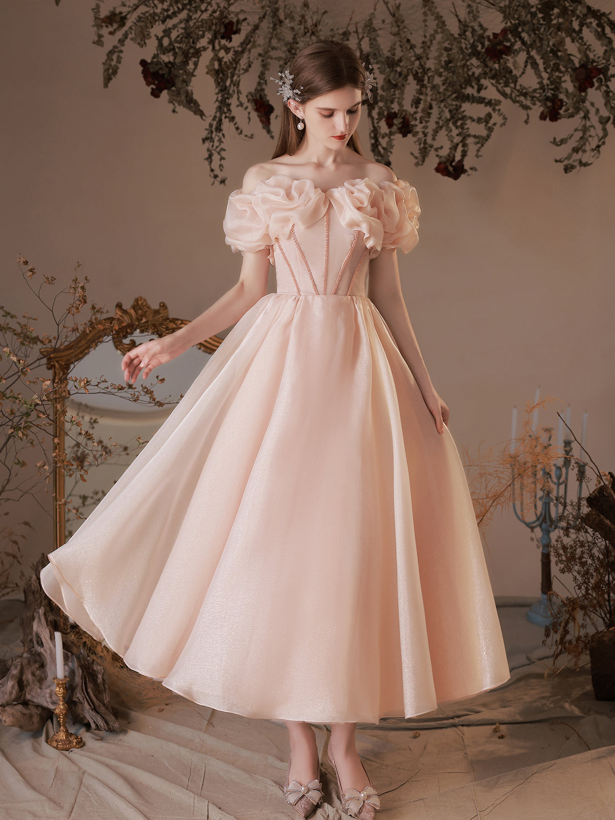 Fairytale Blush Pink Off-Shoulder Ball Gown with Ruffled Bodice - Harmony Gallery