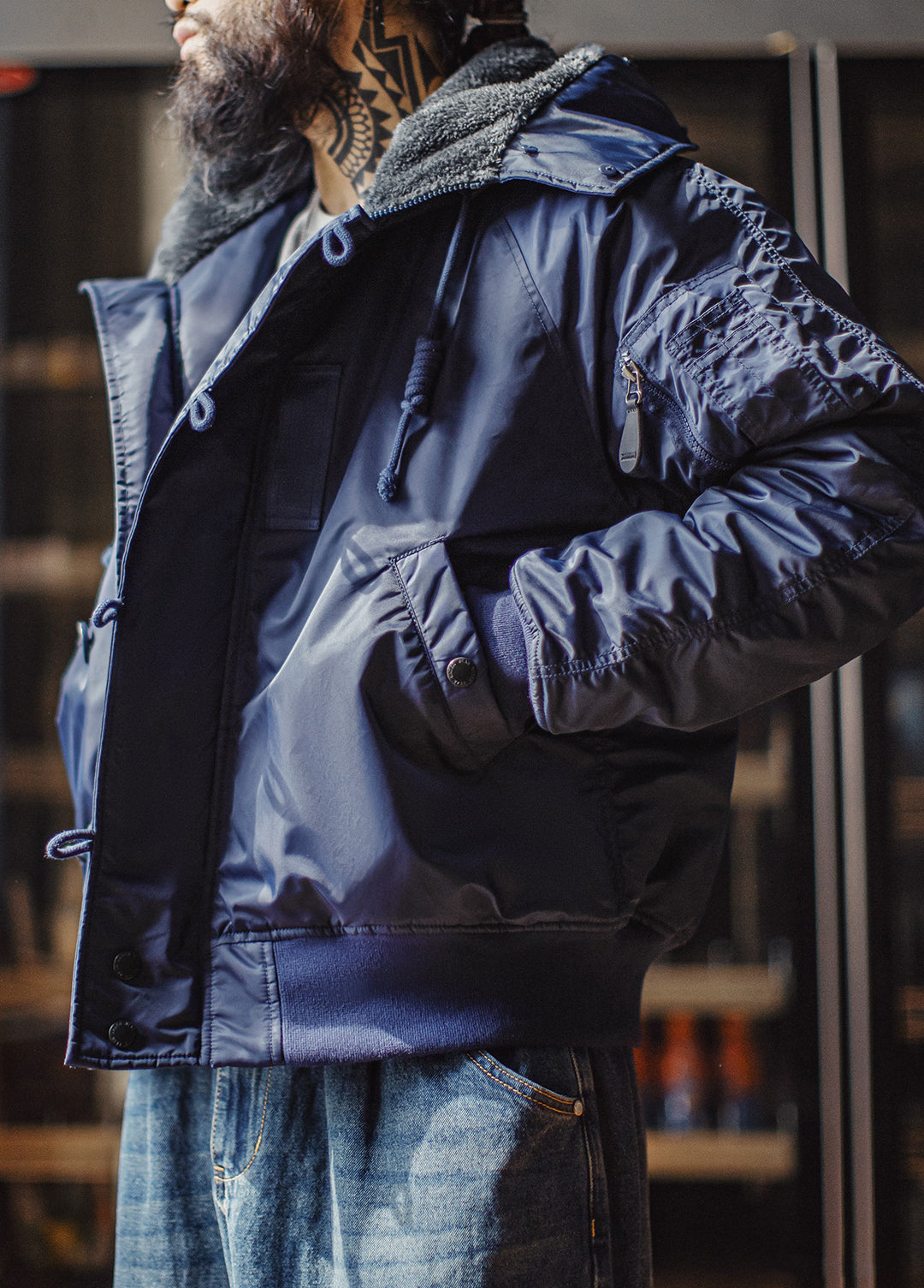 American Retro N2A Fur Collar Parka Blue Mountain Eagle Cotton Men's Jacket - Harmony Gallery