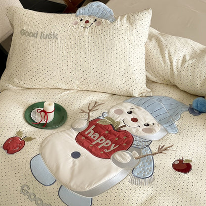 Cartoon Embroidered Breathable Double-Layer Ultra-Soft Four-Piece Bed Set