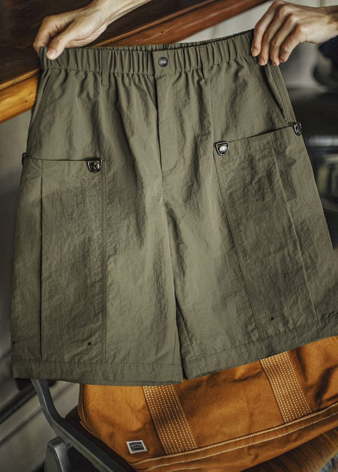 American Retro Army Green Accordion Pocket Straight Thin Men's Shorts - Harmony Gallery