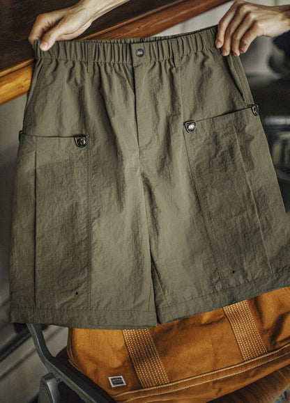 American Retro Army Green Accordion Pocket Straight Thin Men's Shorts - Harmony Gallery