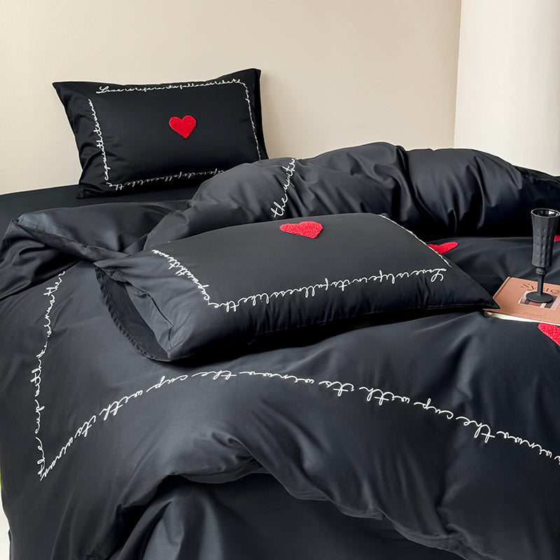 Light Luxury High-End Black Love Four-Piece Pure Cotton Bed Set - Harmony Gallery