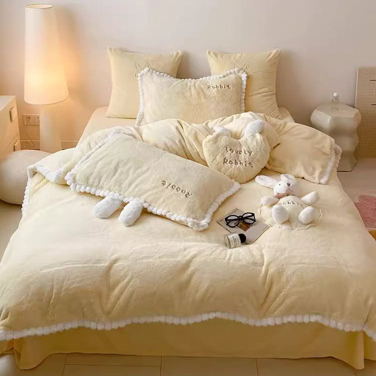 Cute Cartoon Rabbit Velvet Warm Double-Sided Four-Piece Bed Set - Harmony Gallery