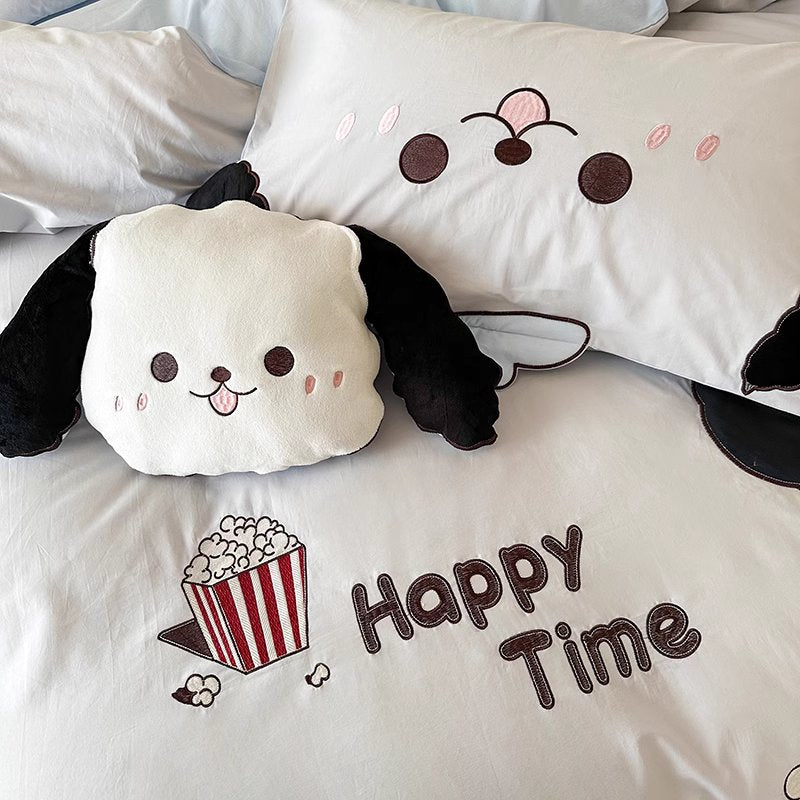 Cartoon Foodie Dog With Long Ears Washed Cotton Four-Piece Bed Set - Harmony Gallery
