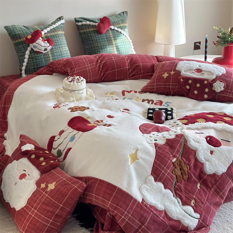 Christmas Wool Milk Velvet Four-Piece Winter Thick Warm Bed Set - Harmony Gallery
