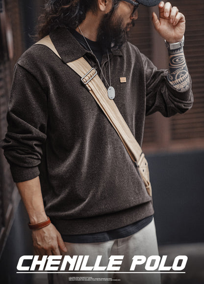 American Retro Chenille Half-Open Polo Loose Lapel Pullover Men's Sweater - Harmony Gallery