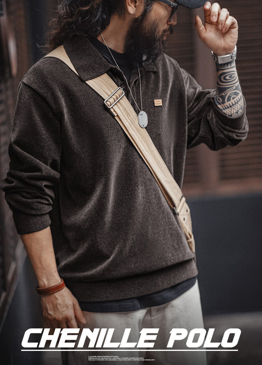 American Retro Chenille Half-Open Polo Loose Lapel Pullover Men's Sweater - Harmony Gallery