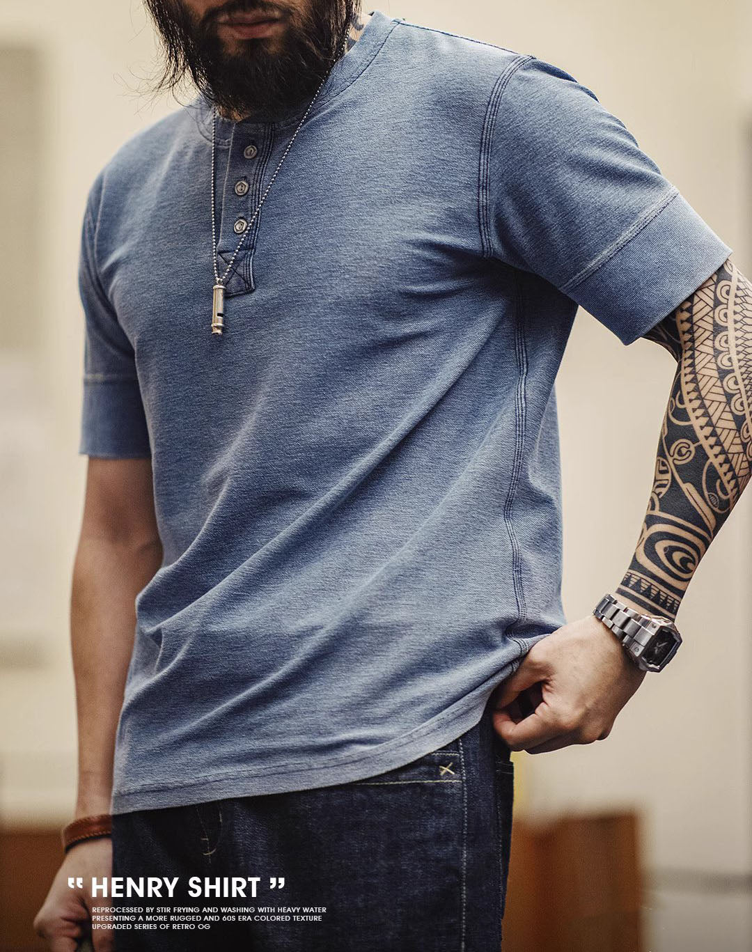 American Workwear Henry Retro Denim Washed Blue Men's T-Shirt - Harmony Gallery
