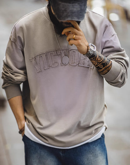 American Retro Letter Patch Gradient Color Washed Men's Sweater - Harmony Gallery