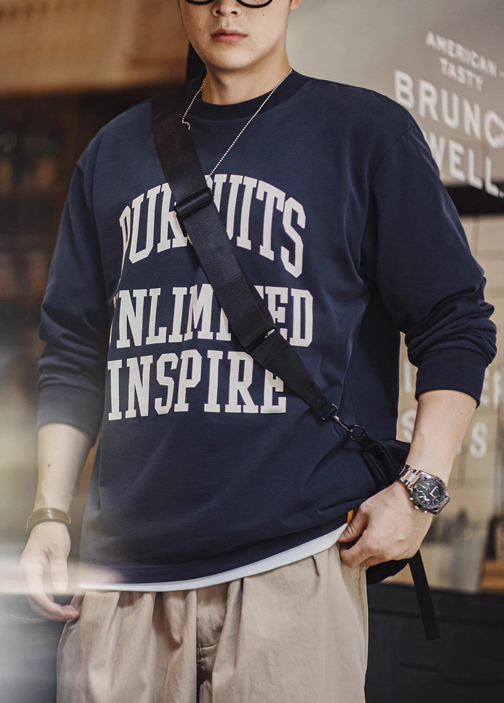 American Letter Pure Cotton Long-Sleeved Wear Brushed Men's Sweater - Harmony Gallery