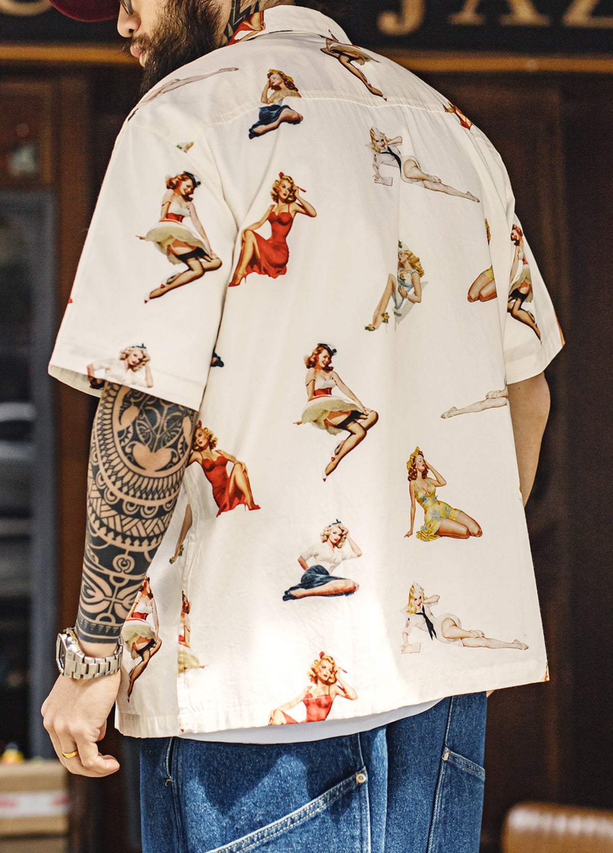 American Retro Full Print Hawaiian Beach Ivory Single Breasted Men's Shirt - Harmony Gallery