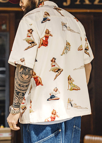 American Retro Full Print Hawaiian Beach Ivory Single Breasted Men's Shirt - Harmony Gallery