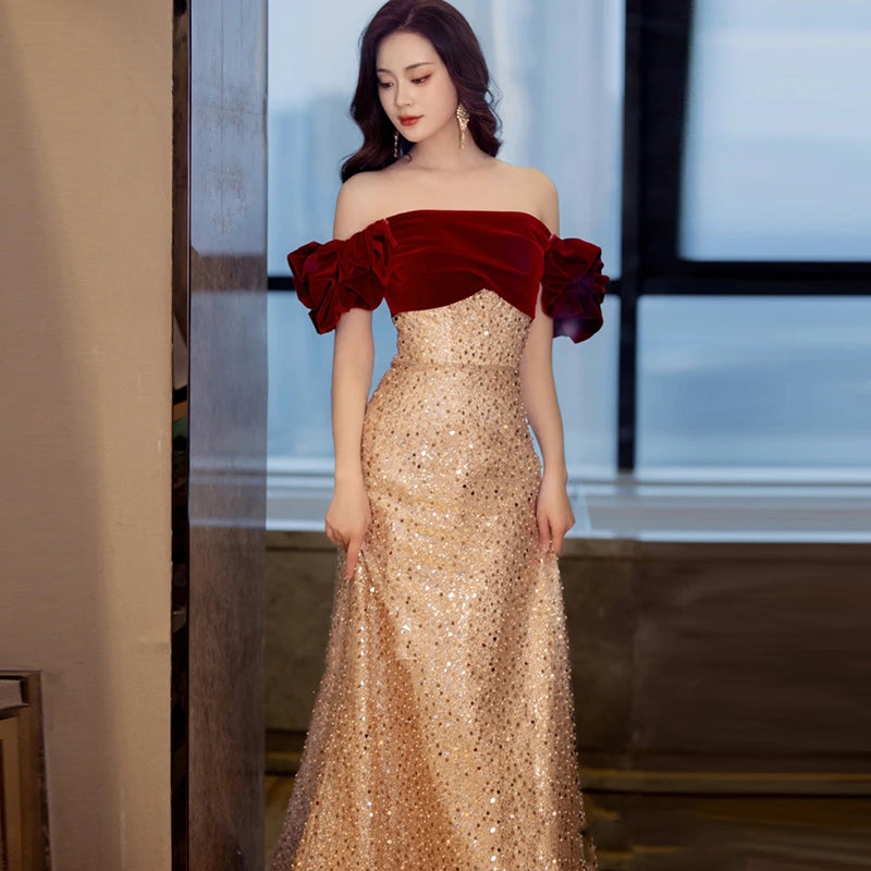 Luxurious Red and Gold Off-Shoulder Sequined Evening Gown - Harmony Gallery