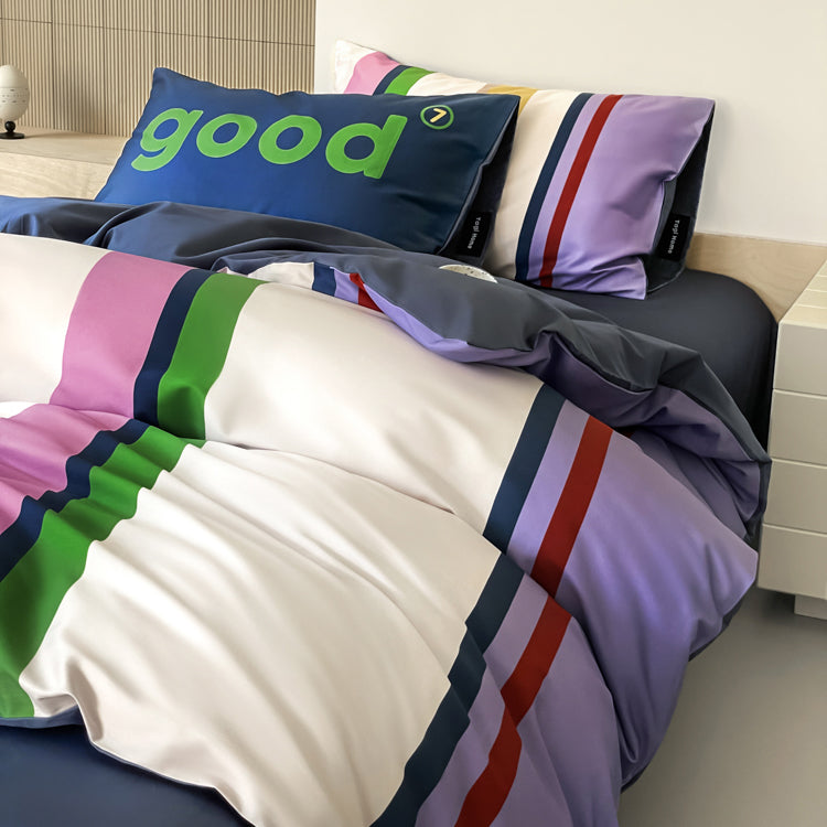 Nordic Simple Contrast Stripes Four-Piece Satin Pure Cotton Bed Set - Harmony Gallery