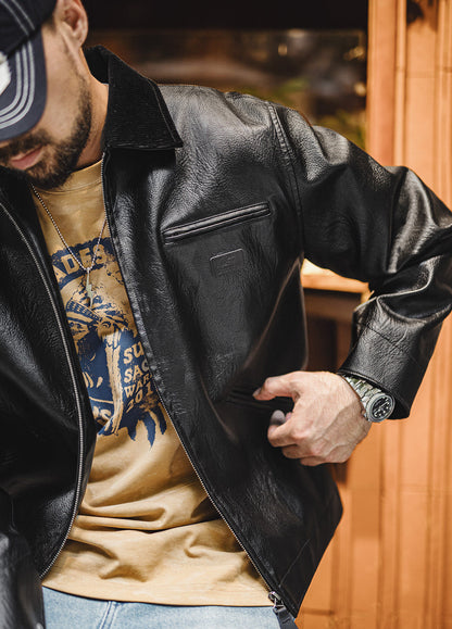 American Detroit Lychee Print Leather Cropped Commuter Executive Men's Jacket