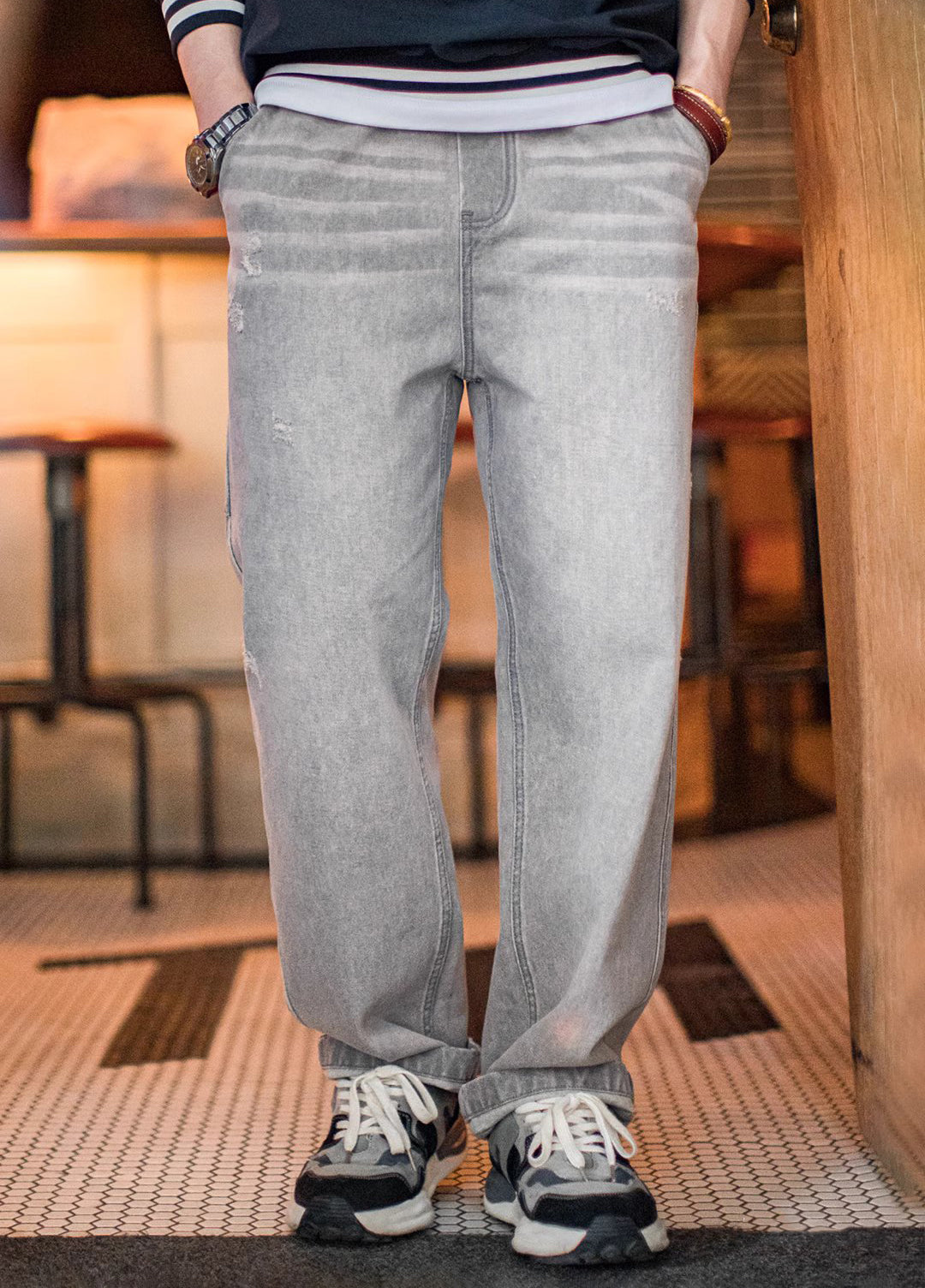 American Retro Washed Old Gray Ripped Cat Whisker Logging Men's Jeans - Harmony Gallery