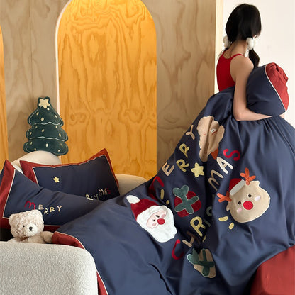 Winter Santa Claus Thickened All-Cotton Brushed Warm Four-Piece Bed Set - Harmony Gallery