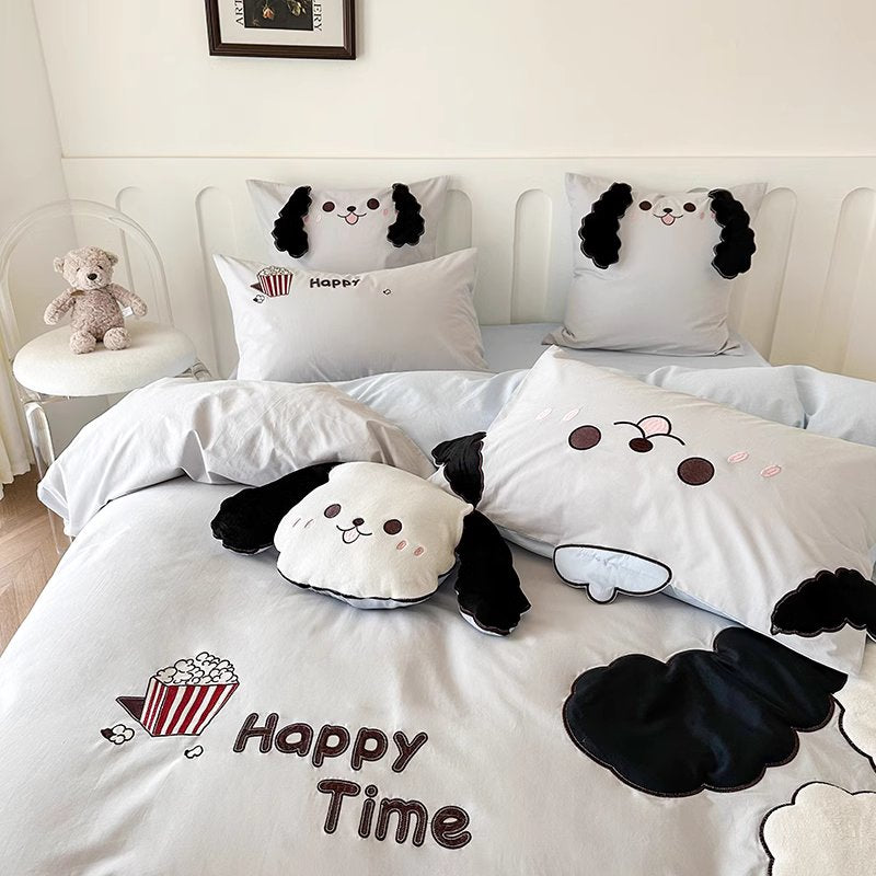 Cartoon Foodie Dog With Long Ears Washed Cotton Four-Piece Bed Set - Harmony Gallery
