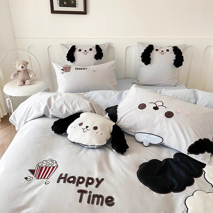 Cartoon Foodie Dog With Long Ears Washed Cotton Four-Piece Bed Set - Harmony Gallery