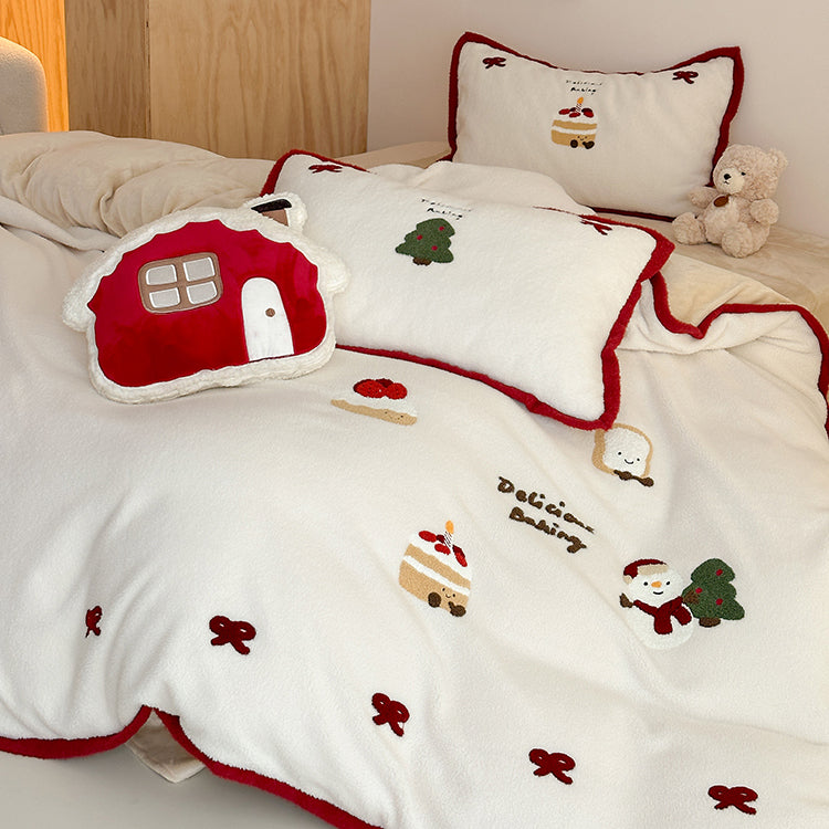 Winter Creamy Cake Snowman Thickened Cashmere Four-Piece Fleece Bed Set - Harmony Gallery