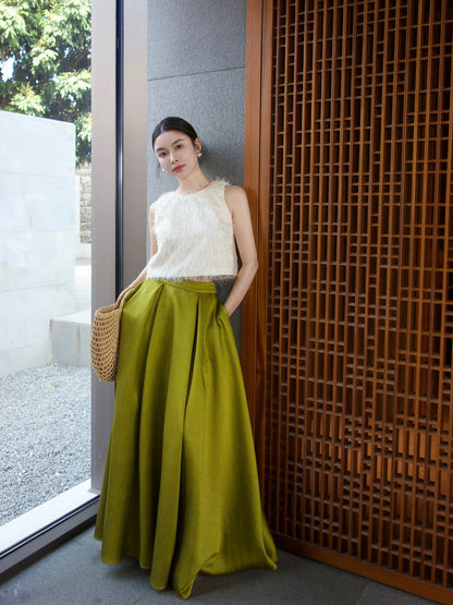Elegant Two-Piece White Textured Sleeveless Top with Flowing Olive Green Maxi Skirt - Harmony Gallery
